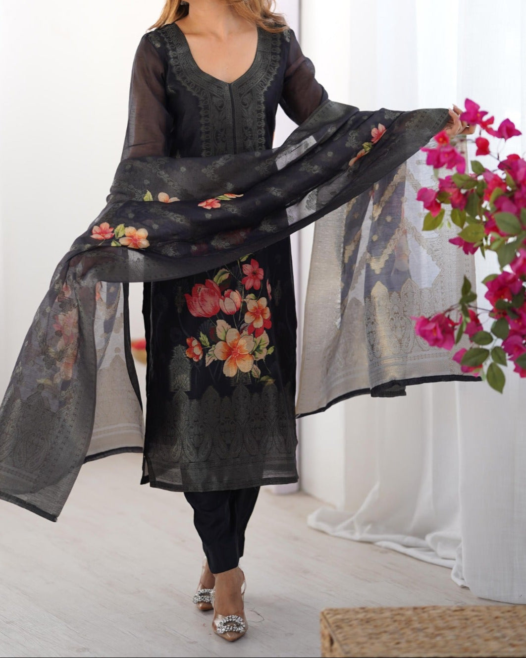 Chanderi Silk Jacquard Work With Digital Print Suit Set