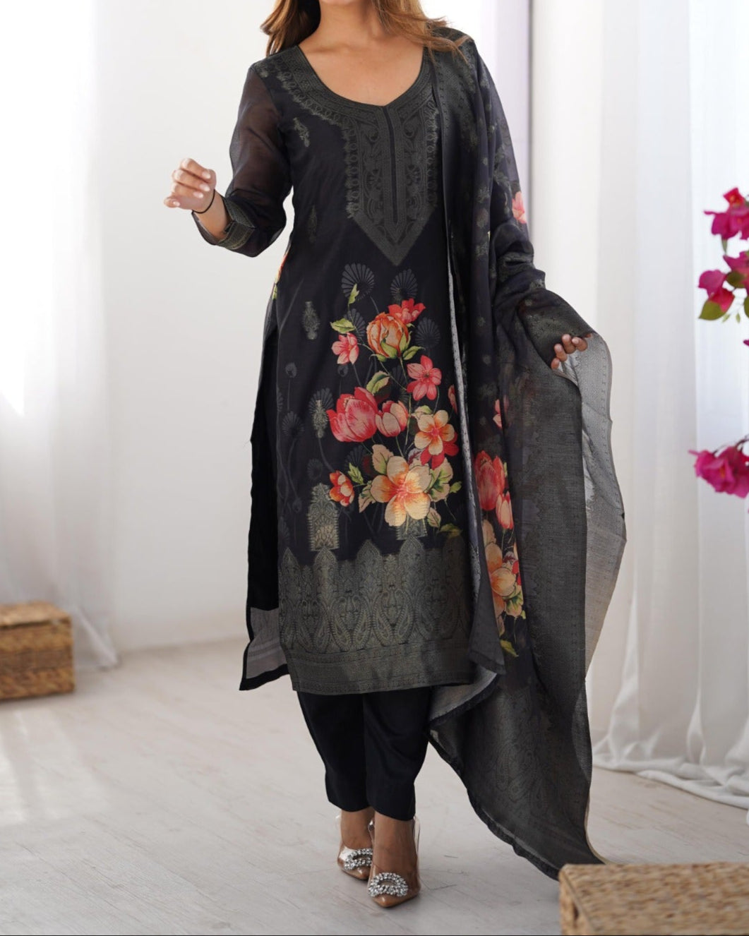 Chanderi Silk Jacquard Work With Digital Print Suit Set