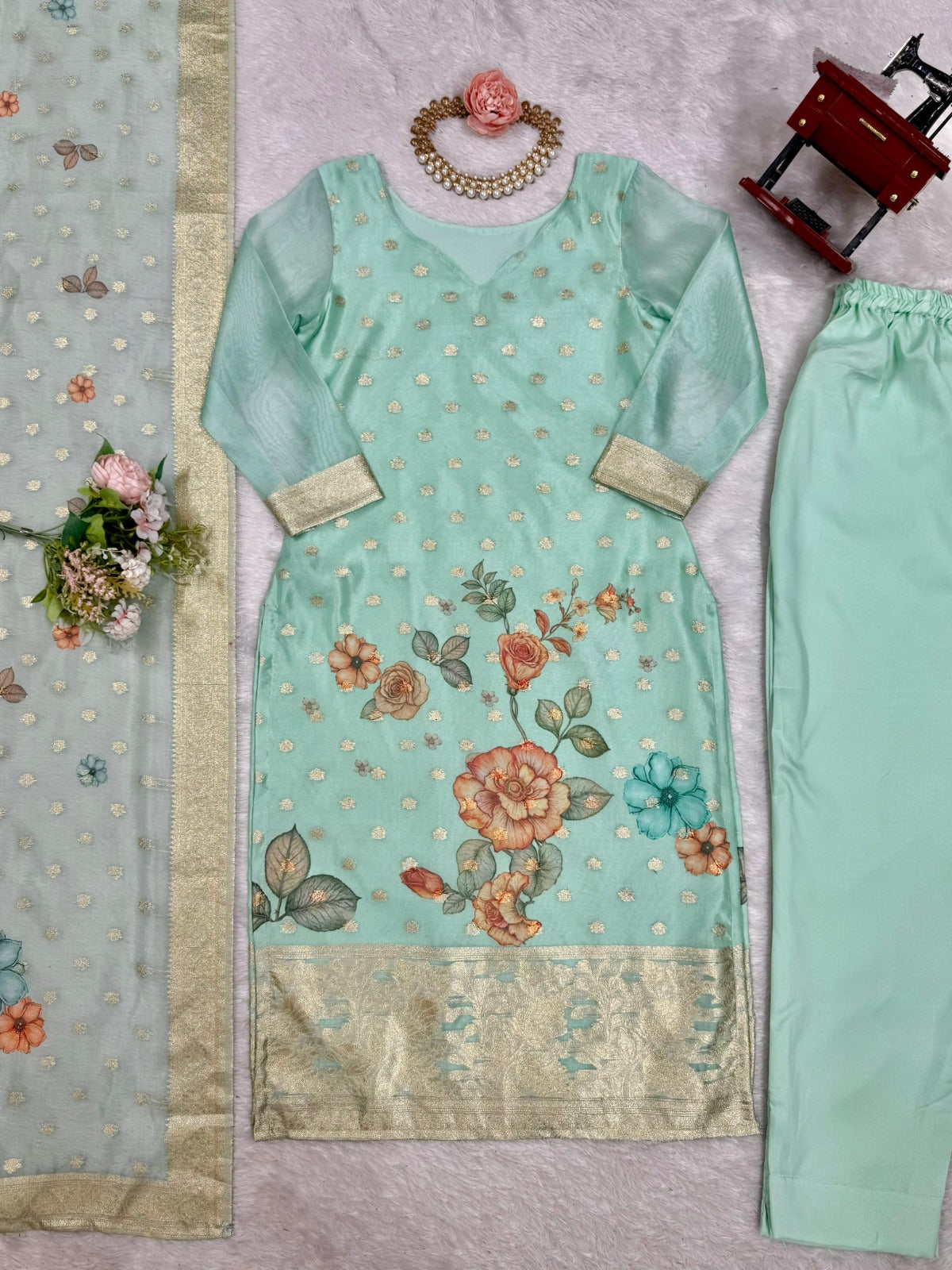 Chanderi Silk Jacquard Work With Digital Print Suit Set