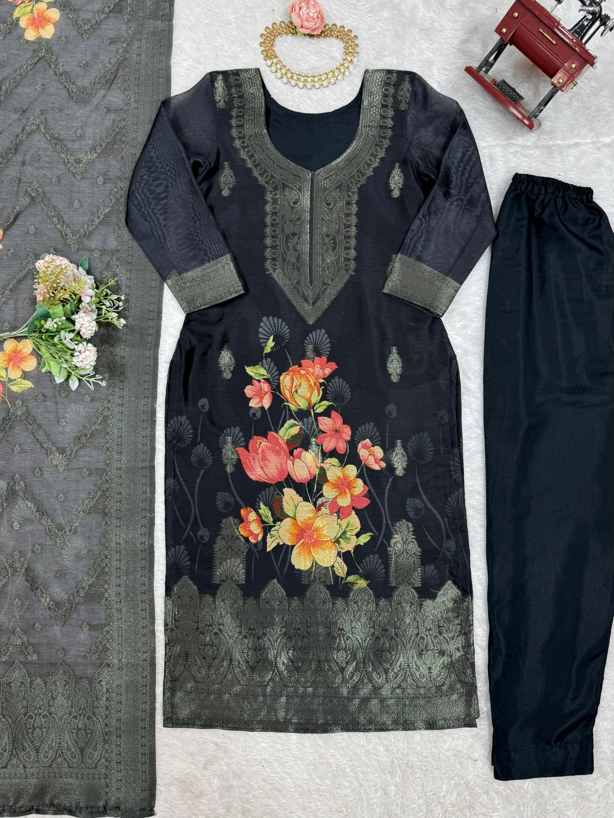 Chanderi Silk Jacquard Work With Digital Print Suit Set