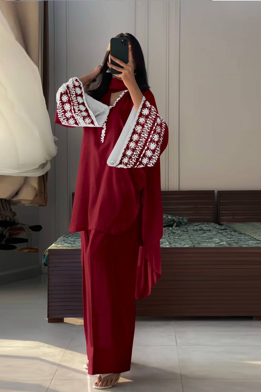 Party Wear Natural Satin Top Palazzo & Dupatta Set
