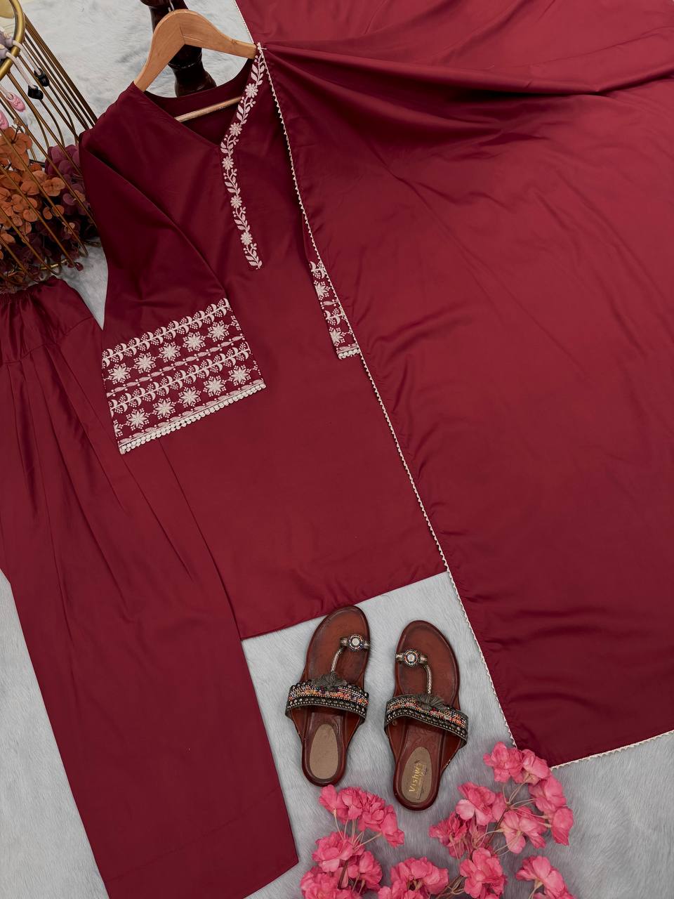 Party Wear Natural Satin Top Palazzo & Dupatta Set