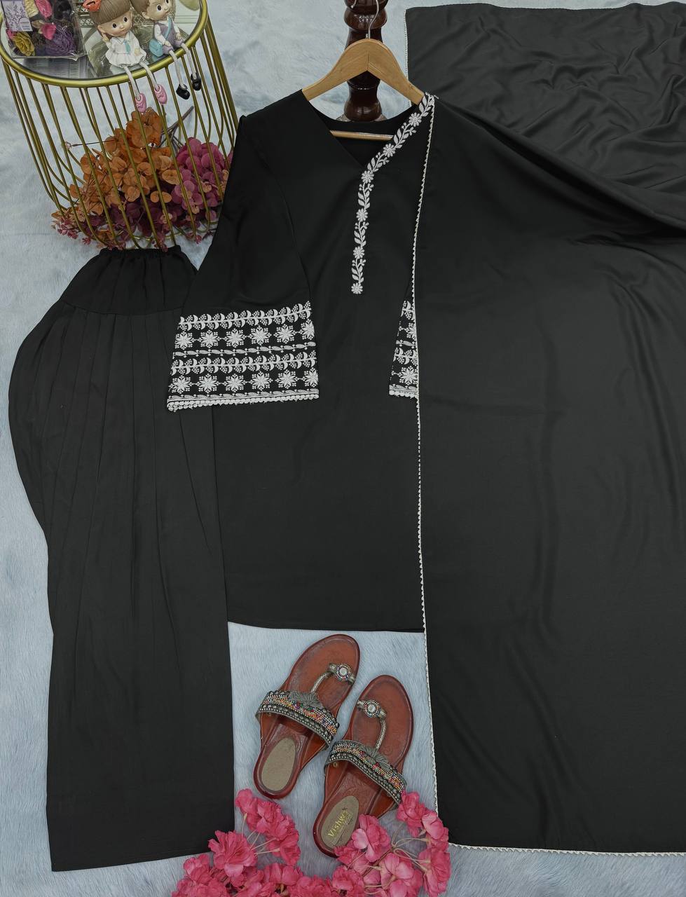 Party Wear Natural Satin Top Palazzo & Dupatta Set