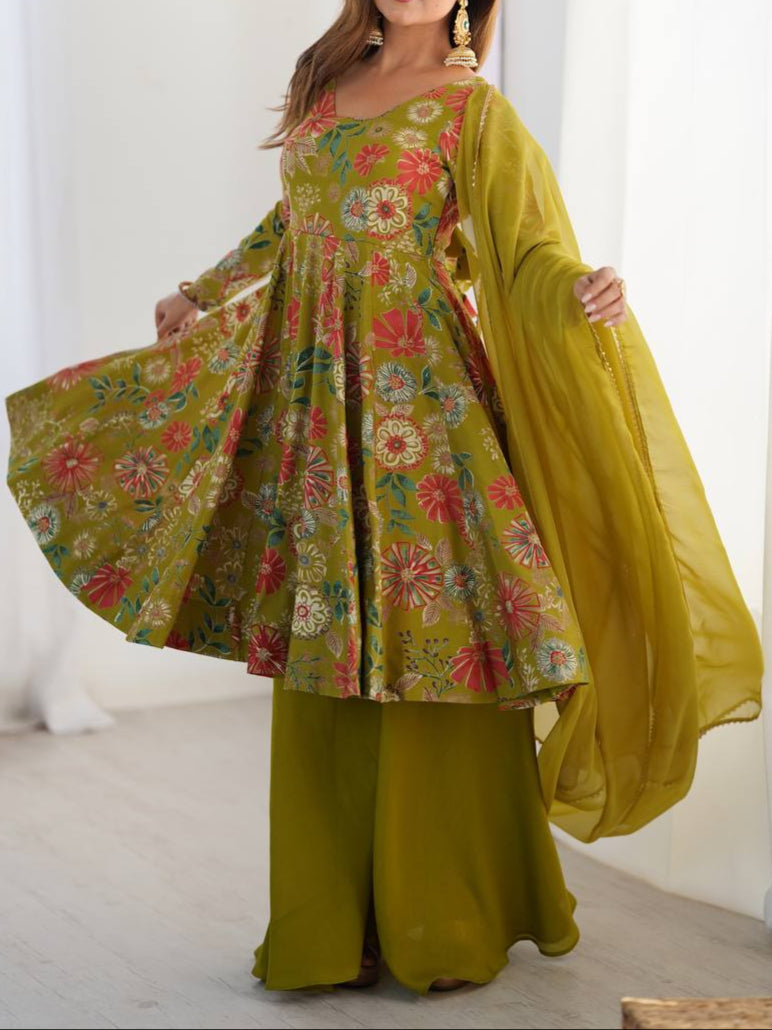 Haldi Special Kediya Kurti With Heavy Flair Palazzo & Dupatta