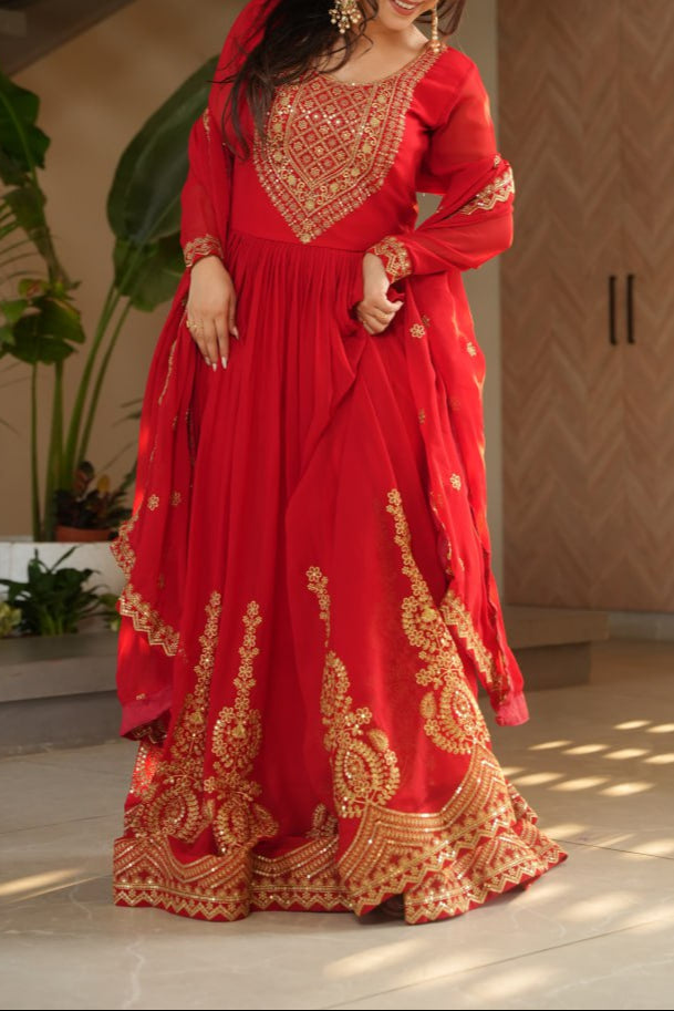 Wedding Special Embroidery Zari Sequins Work Gown & Dupatta Set