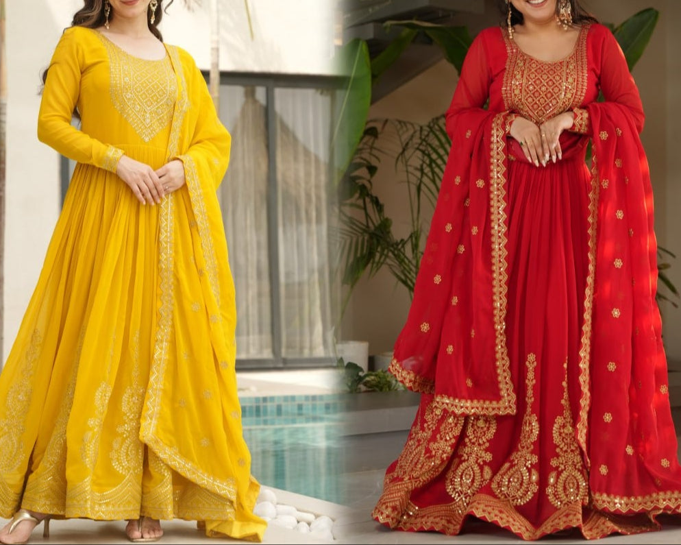 Wedding Special Embroidery Zari Sequins Work Gown & Dupatta Set
