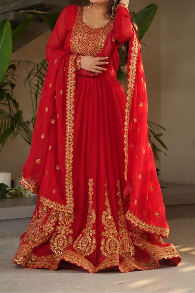 Wedding Special Embroidery Zari Sequins Work Gown & Dupatta Set