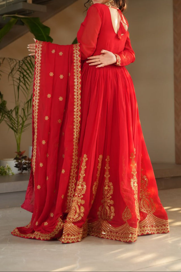 Wedding Special Embroidery Zari Sequins Work Gown & Dupatta Set