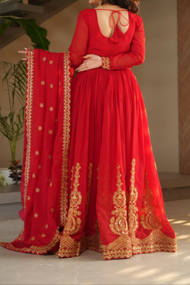 Wedding Special Embroidery Zari Sequins Work Gown & Dupatta Set
