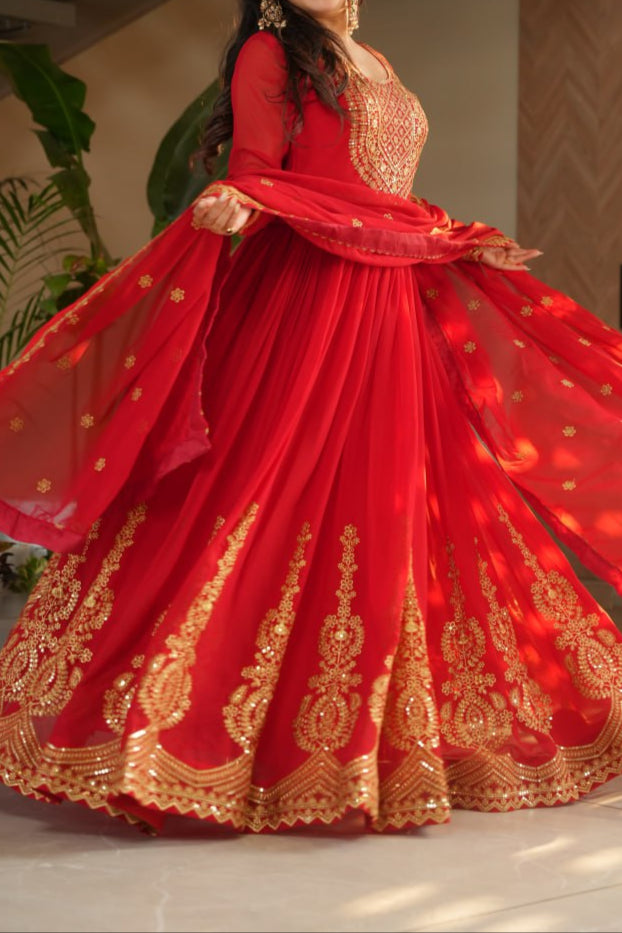 Wedding Special Embroidery Zari Sequins Work Gown & Dupatta Set
