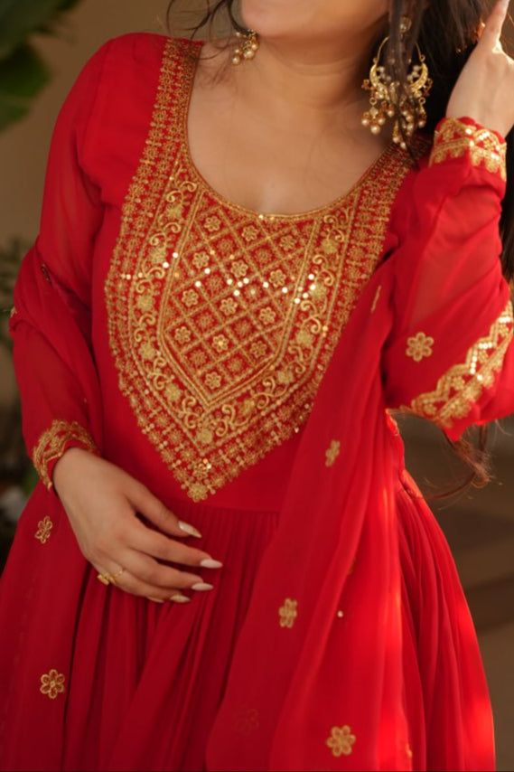 Wedding Special Embroidery Zari Sequins Work Gown & Dupatta Set