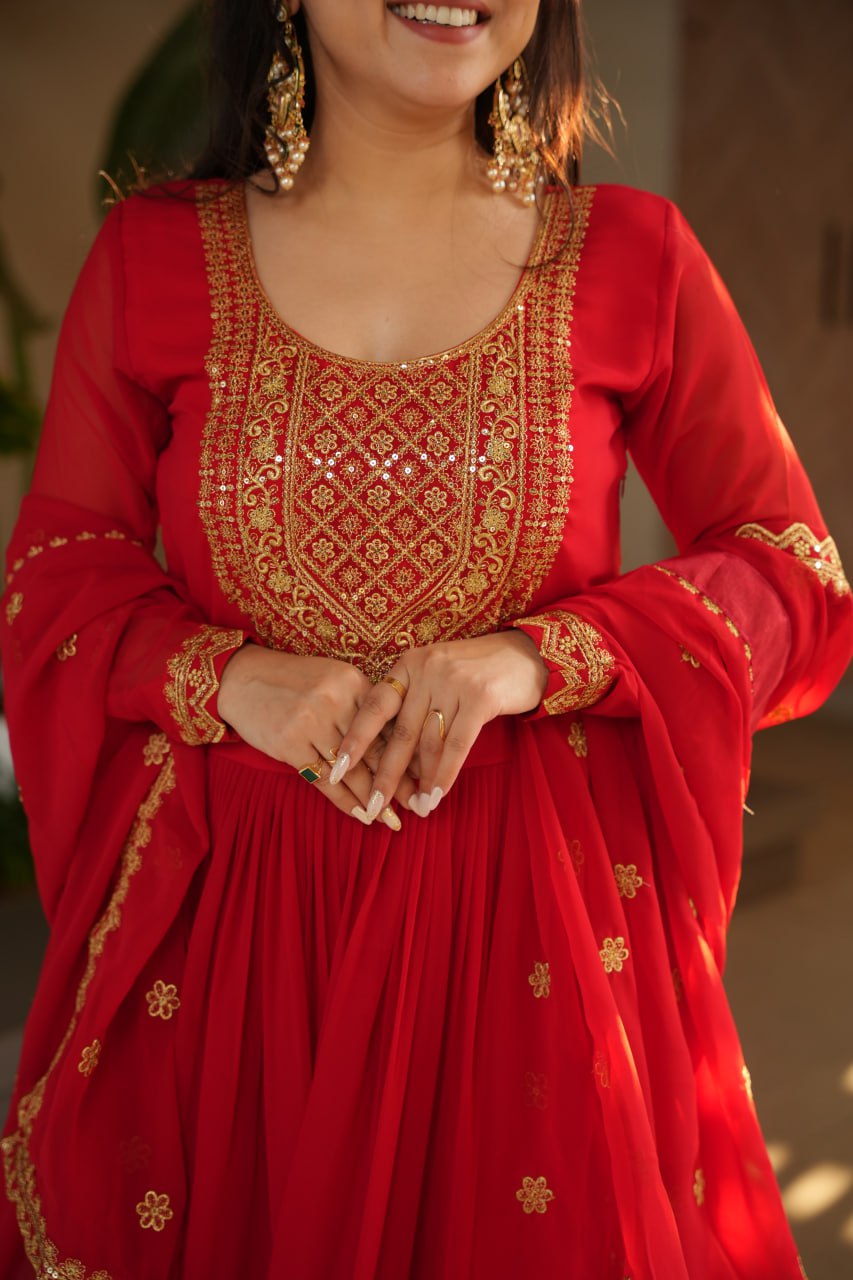 Wedding Special Embroidery Zari Sequins Work Gown & Dupatta Set