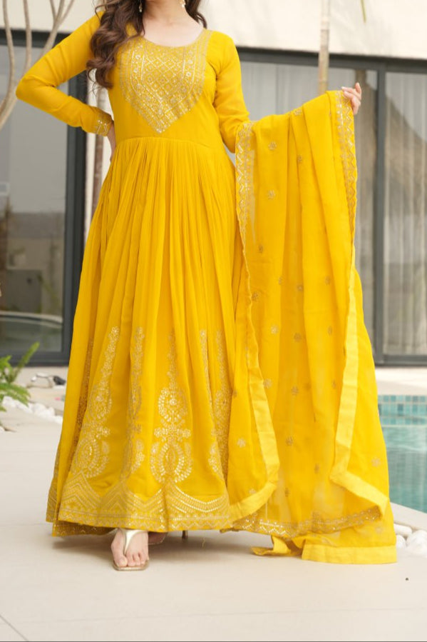 Wedding Special Embroidery Zari Sequins Work Gown & Dupatta Set