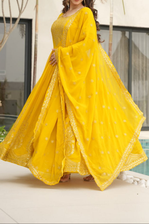 Wedding Special Embroidery Zari Sequins Work Gown & Dupatta Set
