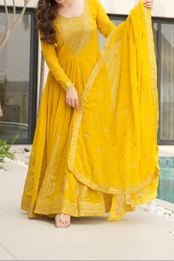 Wedding Special Embroidery Zari Sequins Work Gown & Dupatta Set