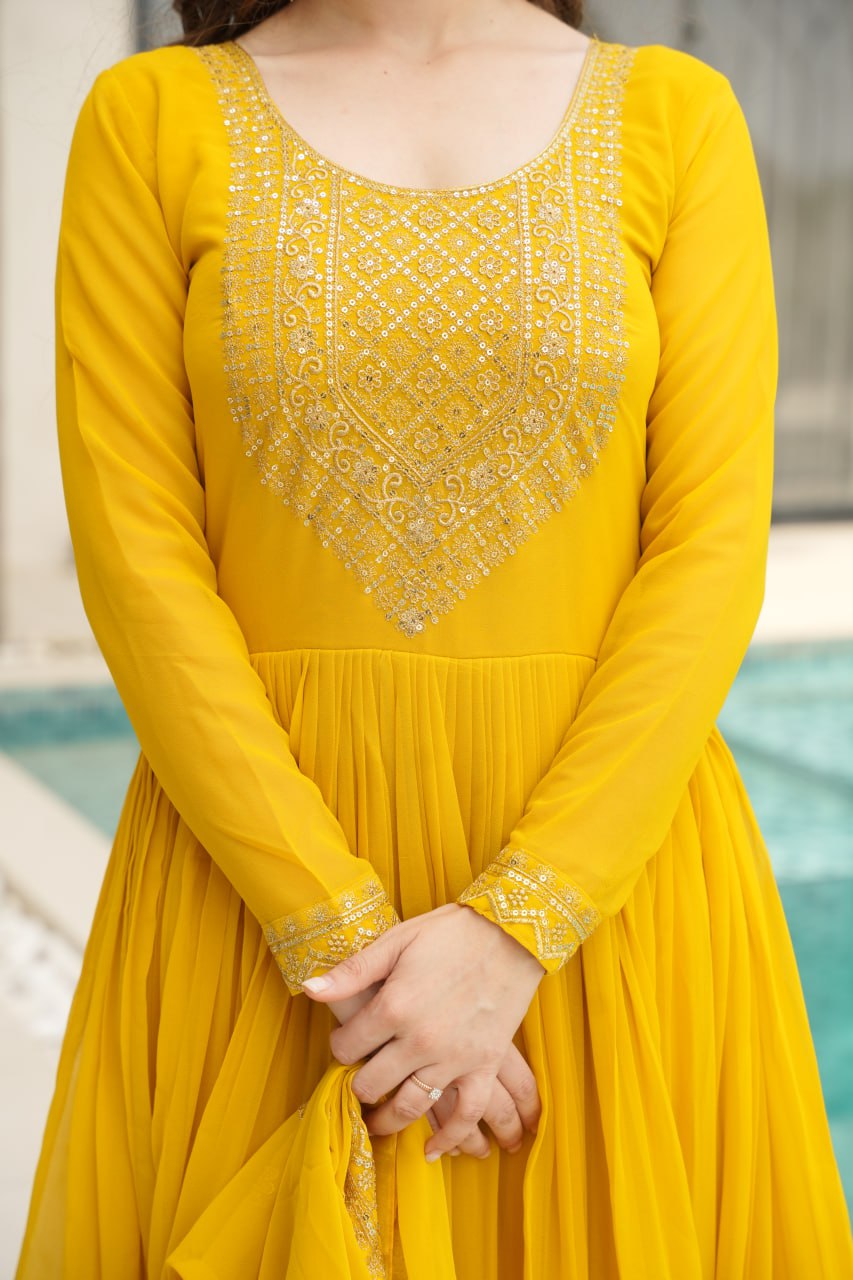 Wedding Special Embroidery Zari Sequins Work Gown & Dupatta Set