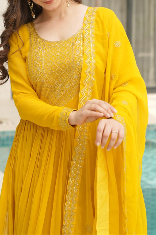 Wedding Special Embroidery Zari Sequins Work Gown & Dupatta Set