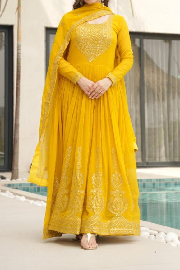 Wedding Special Embroidery Zari Sequins Work Gown & Dupatta Set