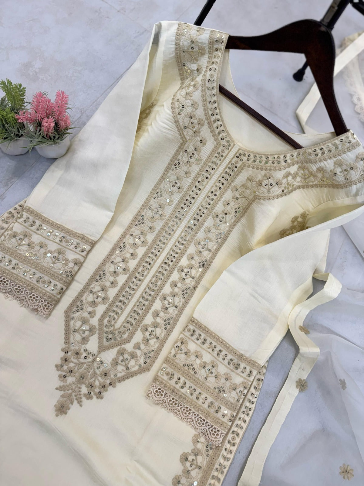 Roman Silk Sequence Embroidered Cotton Work Suit Set