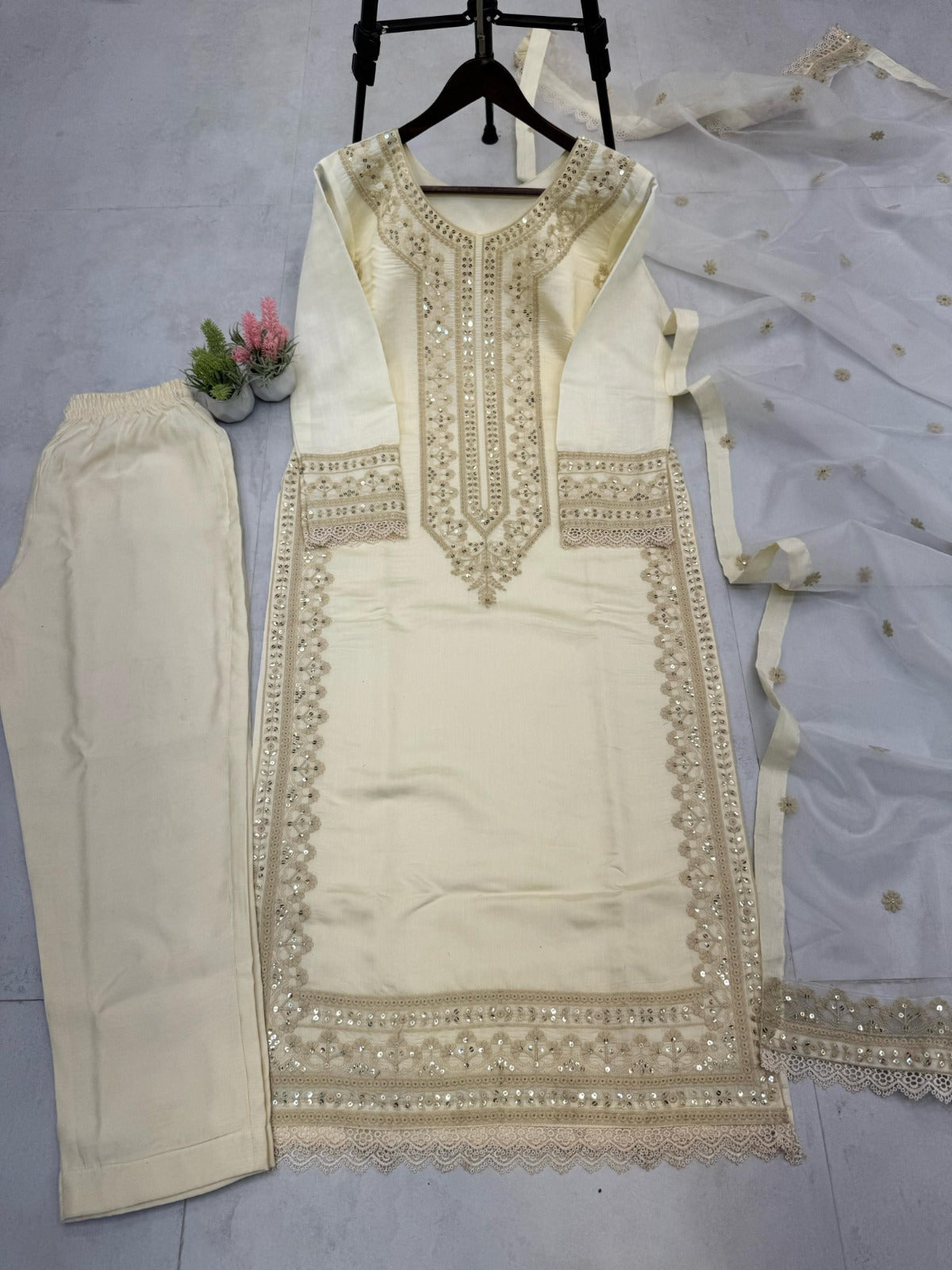 Roman Silk Sequence Embroidered Cotton Work Suit Set