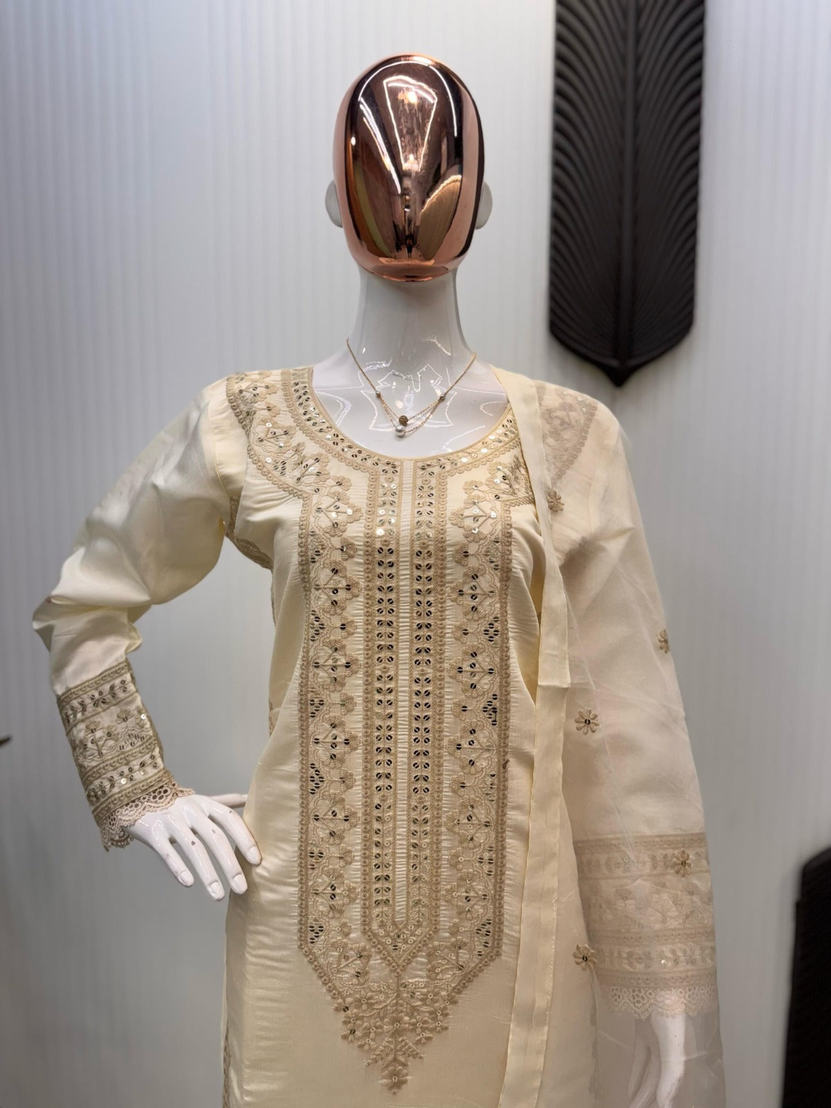 Roman Silk Sequence Embroidered Cotton Work Suit Set