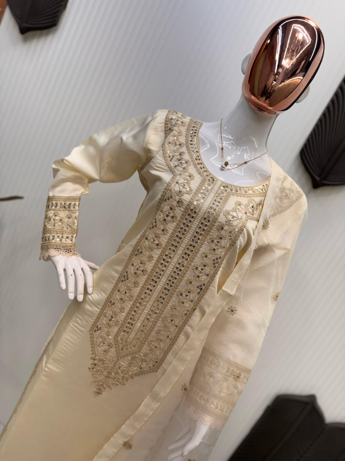 Roman Silk Sequence Embroidered Cotton Work Suit Set