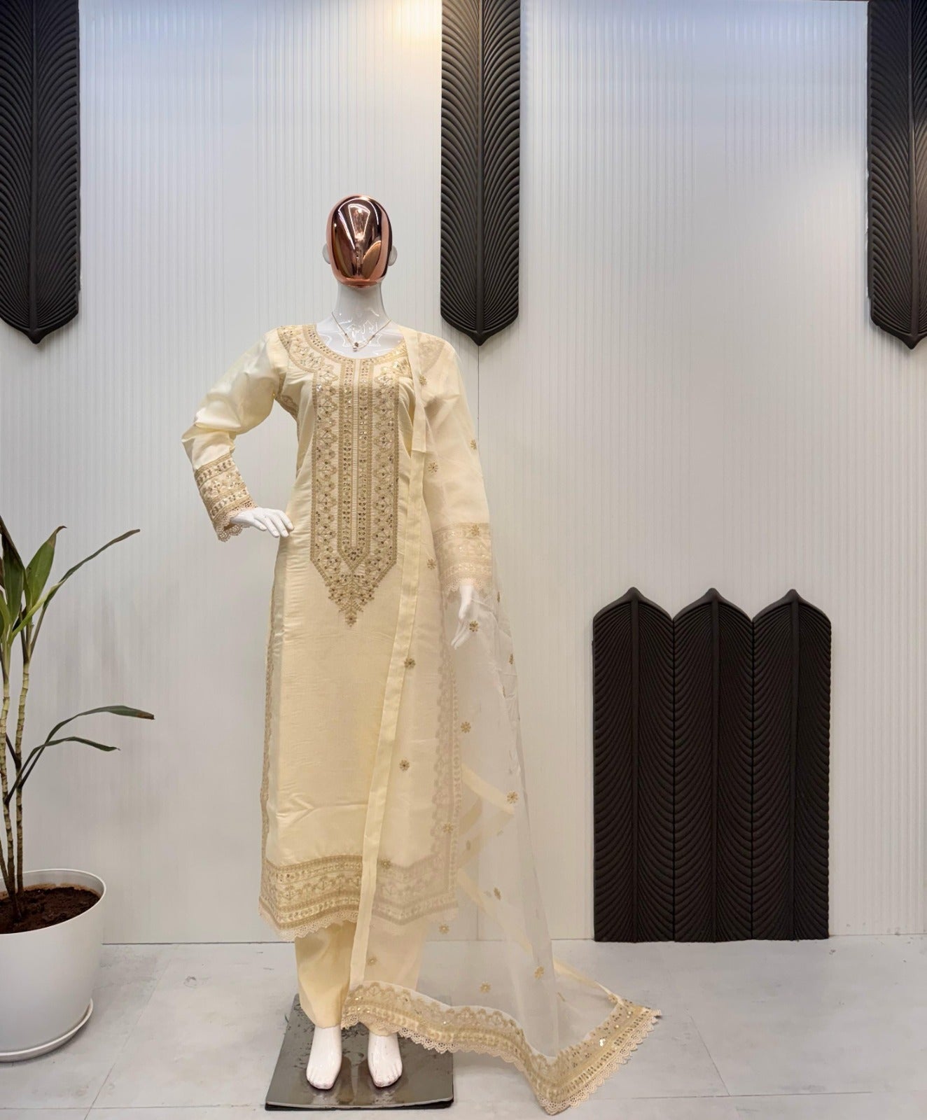 Roman Silk Sequence Embroidered Cotton Work Suit Set