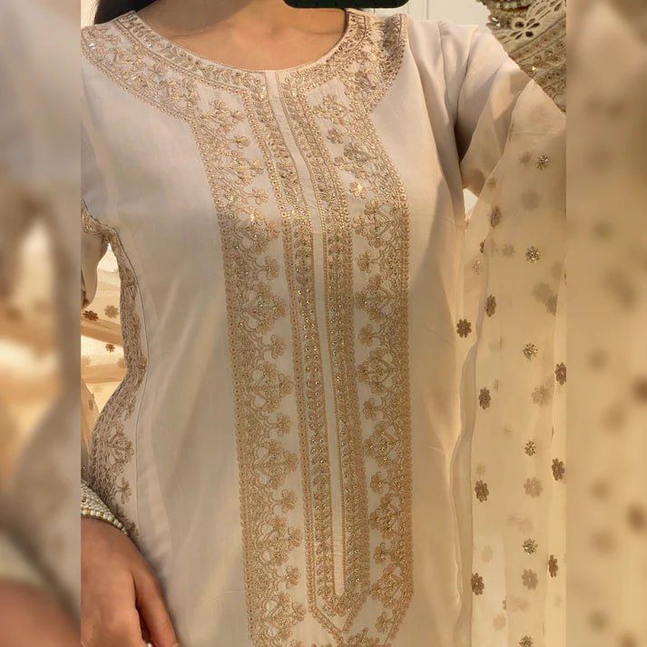 Roman Silk Sequence Embroidered Cotton Work Suit Set