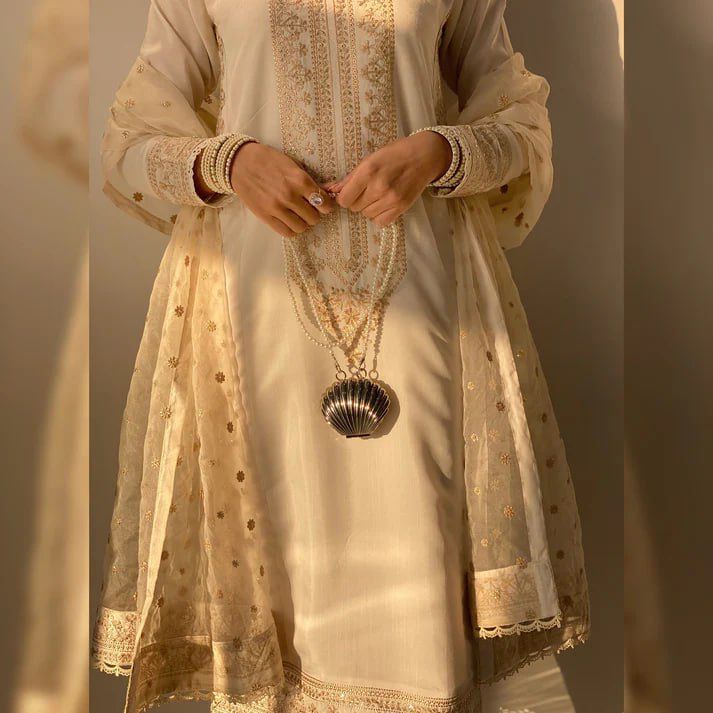 Roman Silk Sequence Embroidered Cotton Work Suit Set