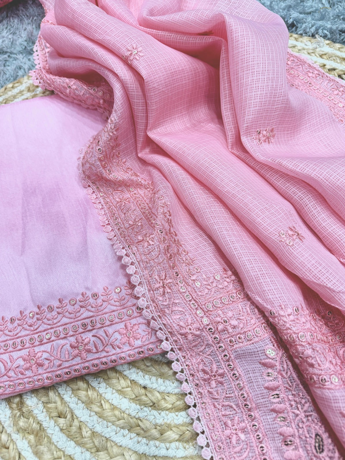 Sequence & Thread Embroidery Work Saree With Fancy Lace Border
