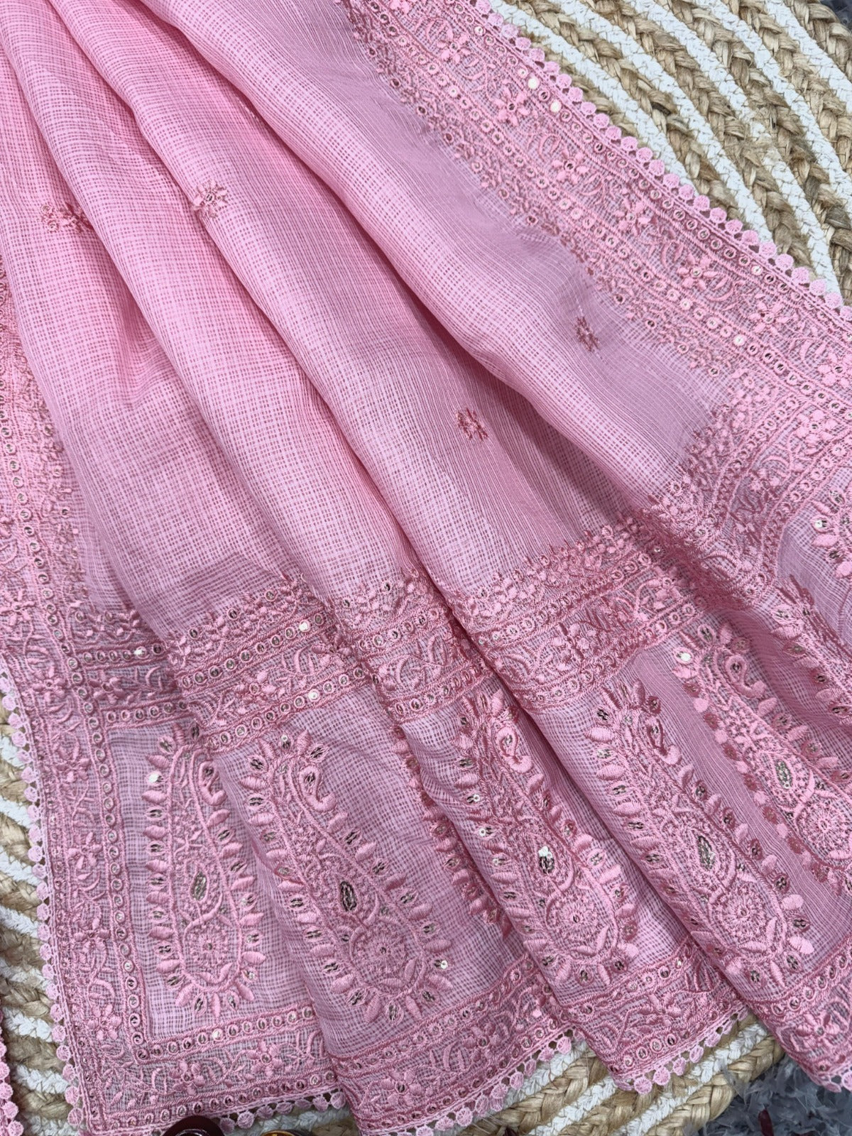 Sequence & Thread Embroidery Work Saree With Fancy Lace Border