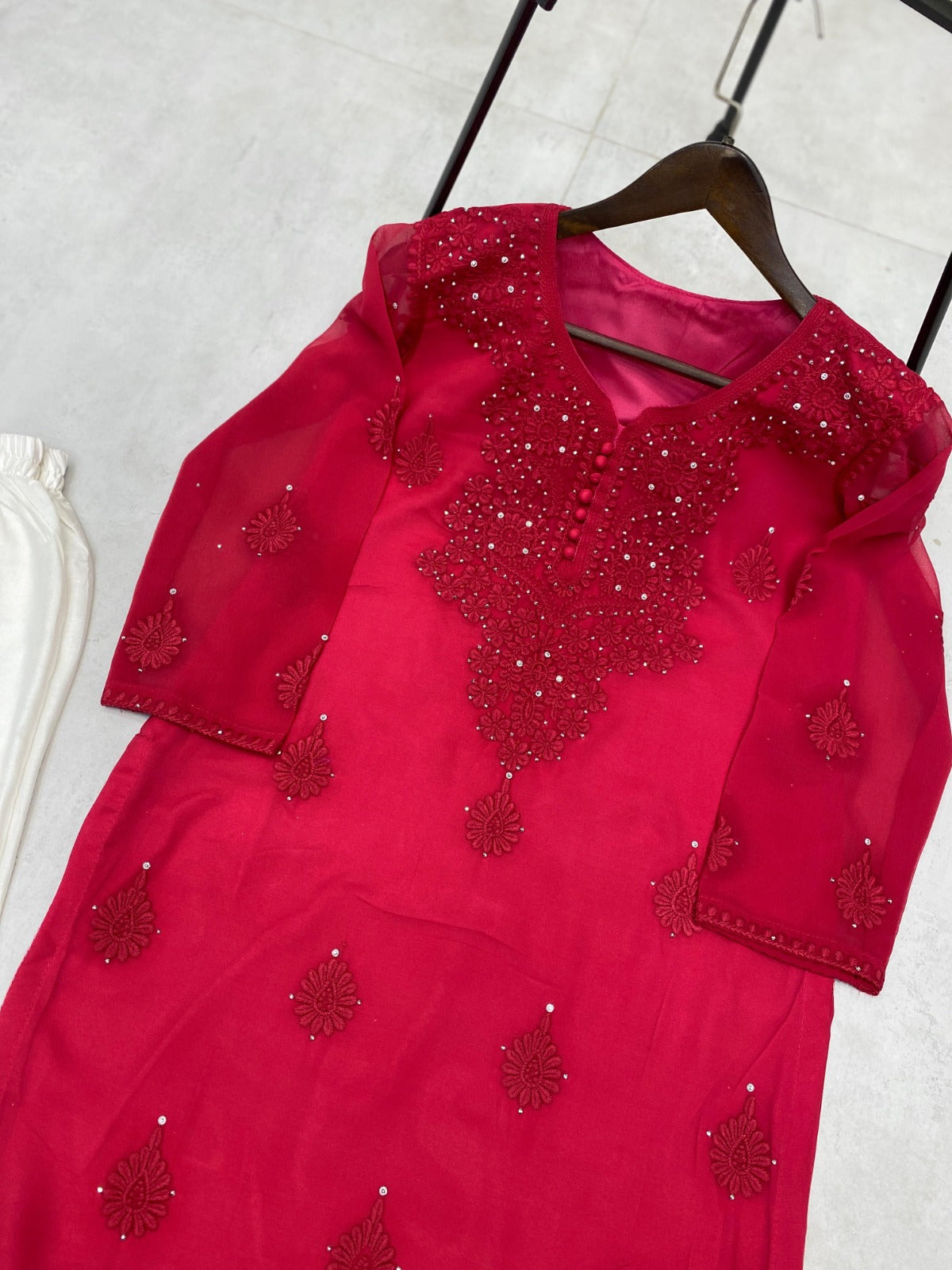 Trending Summer Top With Cotton Thread Embroidered Work & Palazzo