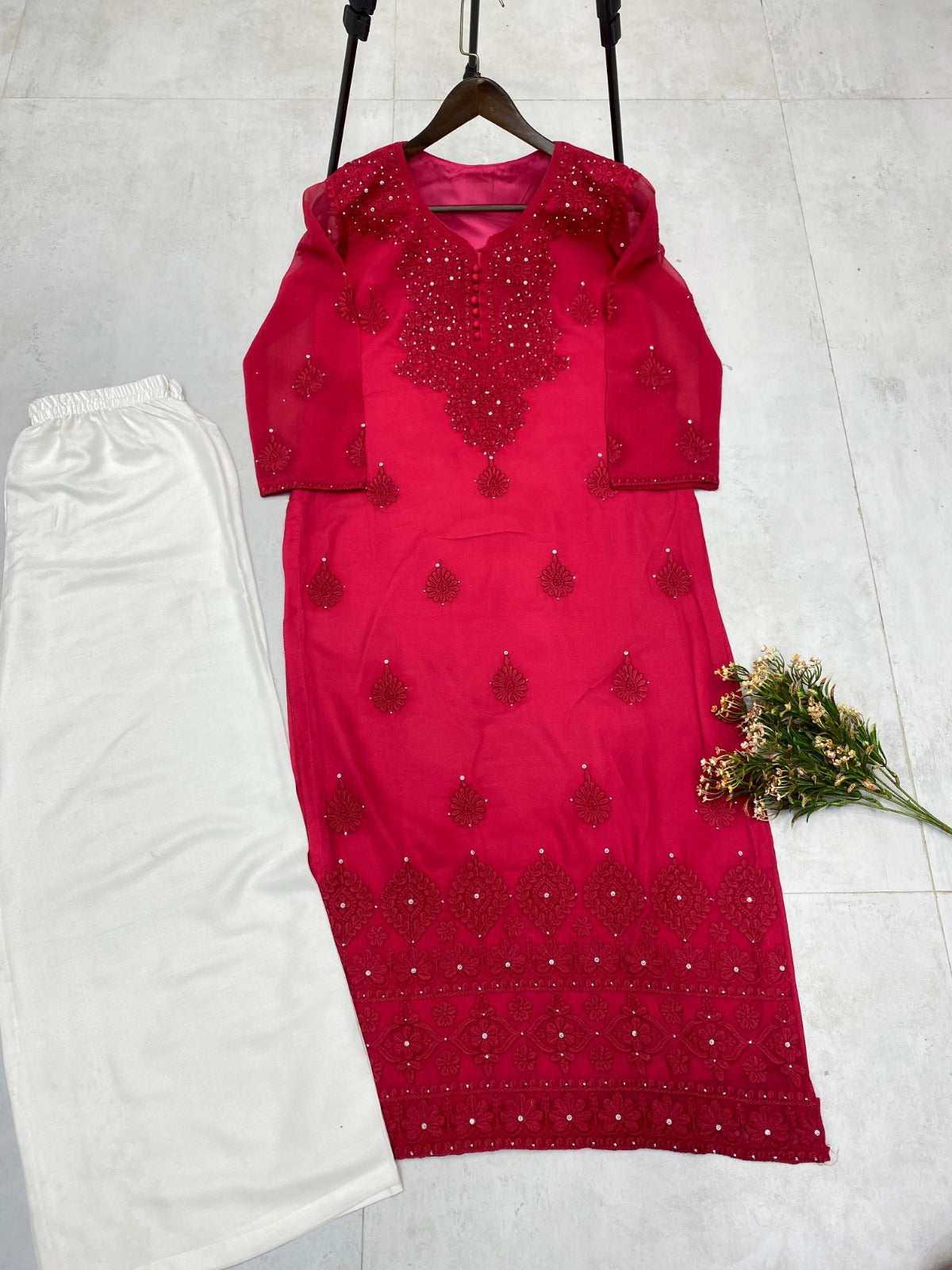 Trending Summer Top With Cotton Thread Embroidered Work & Palazzo