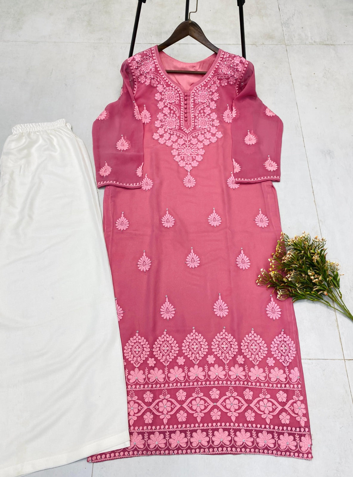 Trending Summer Top With Cotton Thread Embroidered Work & Palazzo