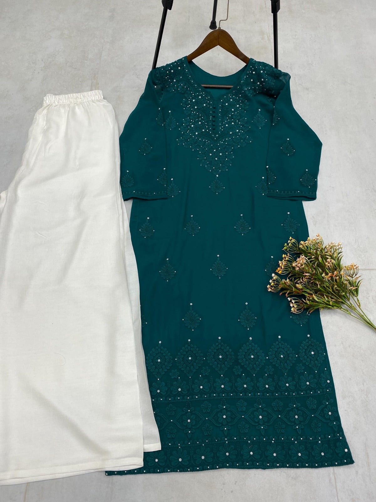 Trending Summer Top With Cotton Thread Embroidered Work & Palazzo