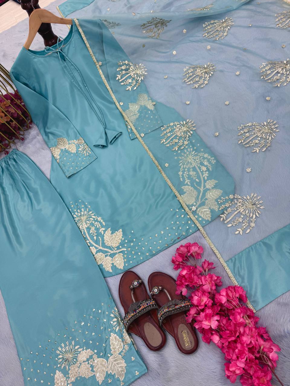 Party Wear Pure Natural Crepe Top & Palazzo Set