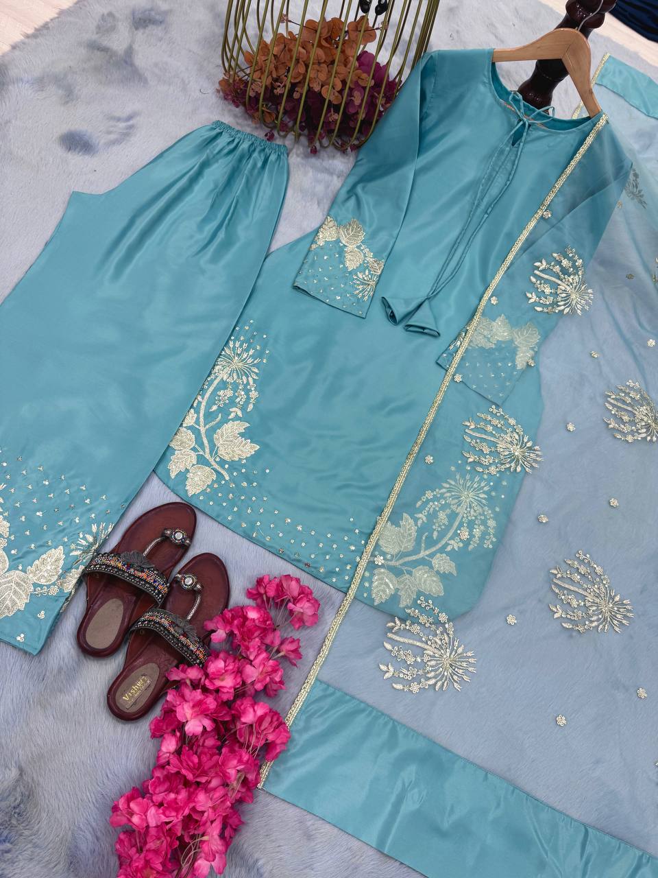 Party Wear Pure Natural Crepe Top & Palazzo Set