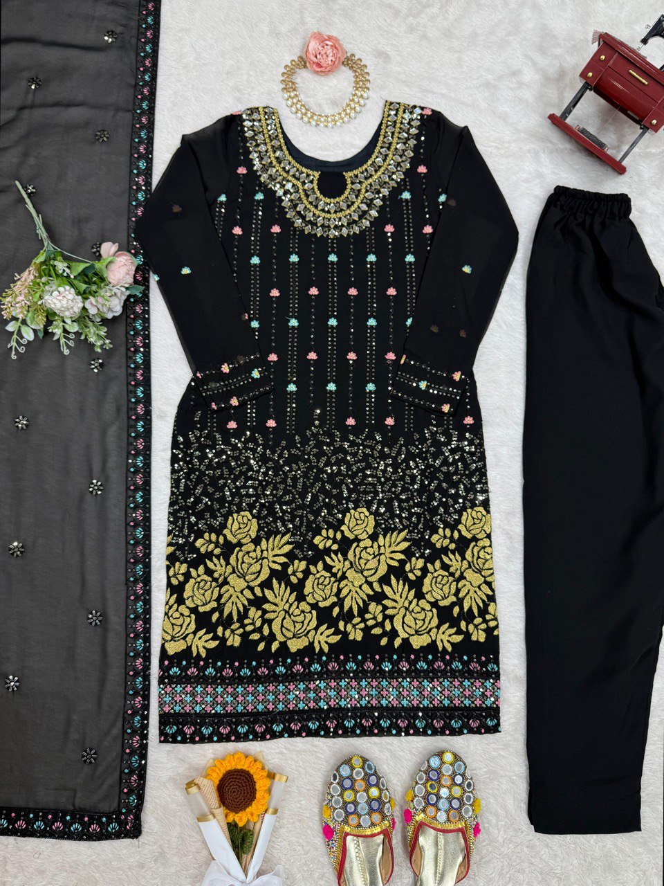 Wedding Special Thread & Sequence Work With Real Mirror Work Sut Set