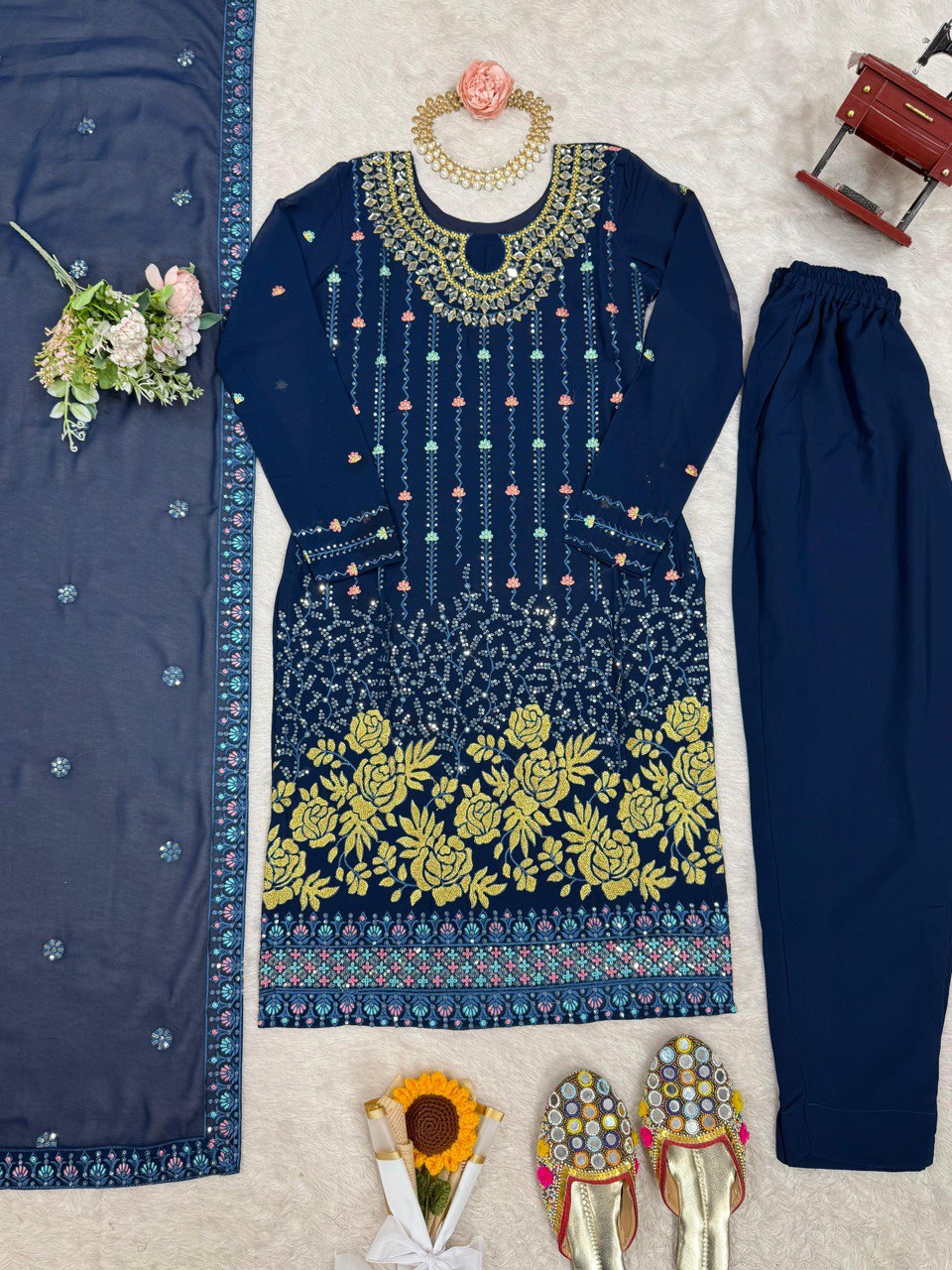 Wedding Special Thread & Sequence Work With Real Mirror Work Sut Set
