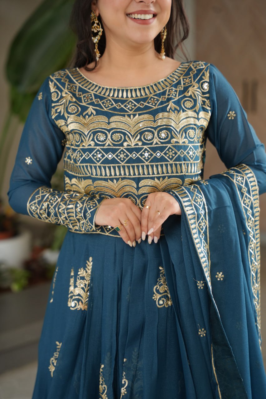Premium Chinnon Embroidered Work Anarkali With Dupatta