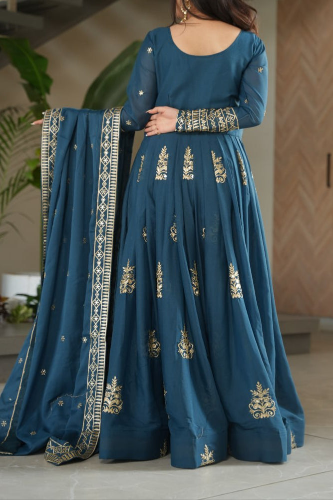 Premium Chinnon Embroidered Work Anarkali With Dupatta
