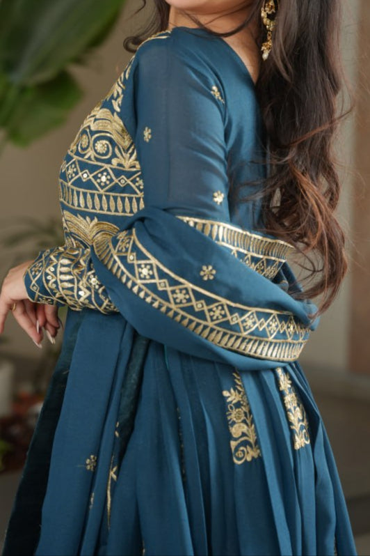 Premium Chinnon Embroidered Work Anarkali With Dupatta