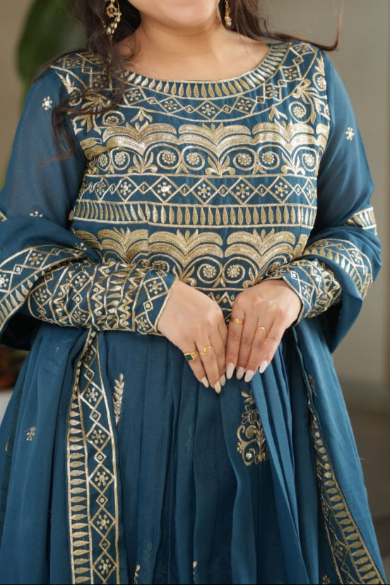 Premium Chinnon Embroidered Work Anarkali With Dupatta