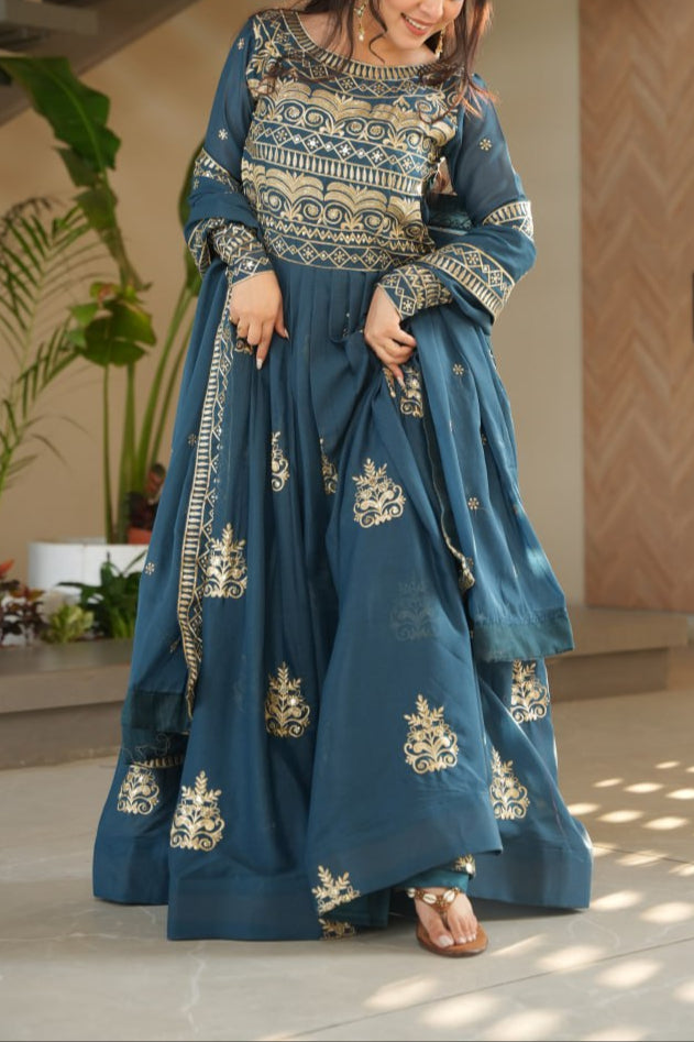 Premium Chinnon Embroidered Work Anarkali With Dupatta