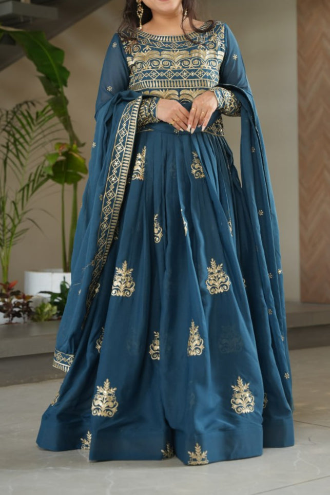 Premium Chinnon Embroidered Work Anarkali With Dupatta