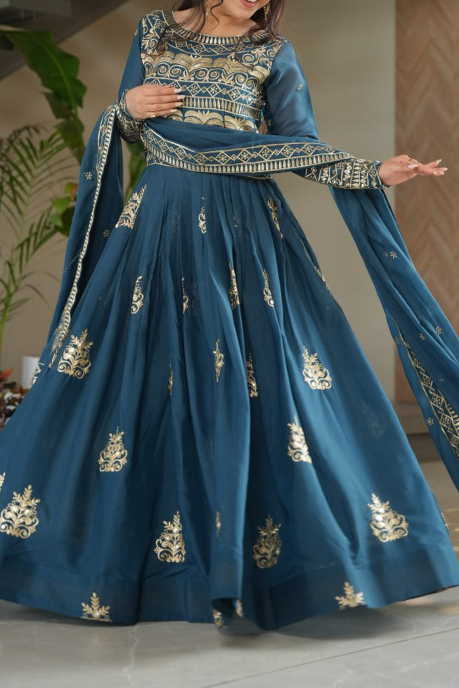 Premium Chinnon Embroidered Work Anarkali With Dupatta