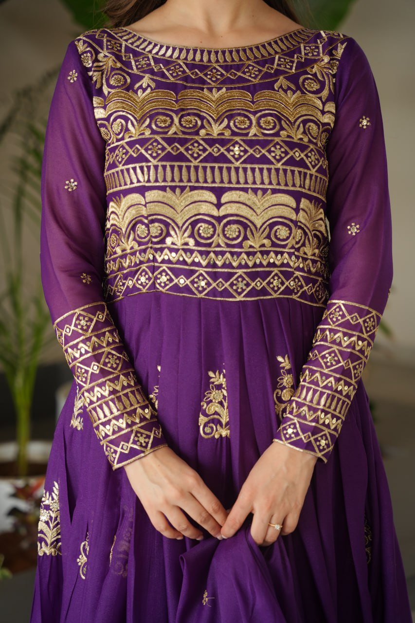 Premium Chinnon Embroidered Work Anarkali With Dupatta
