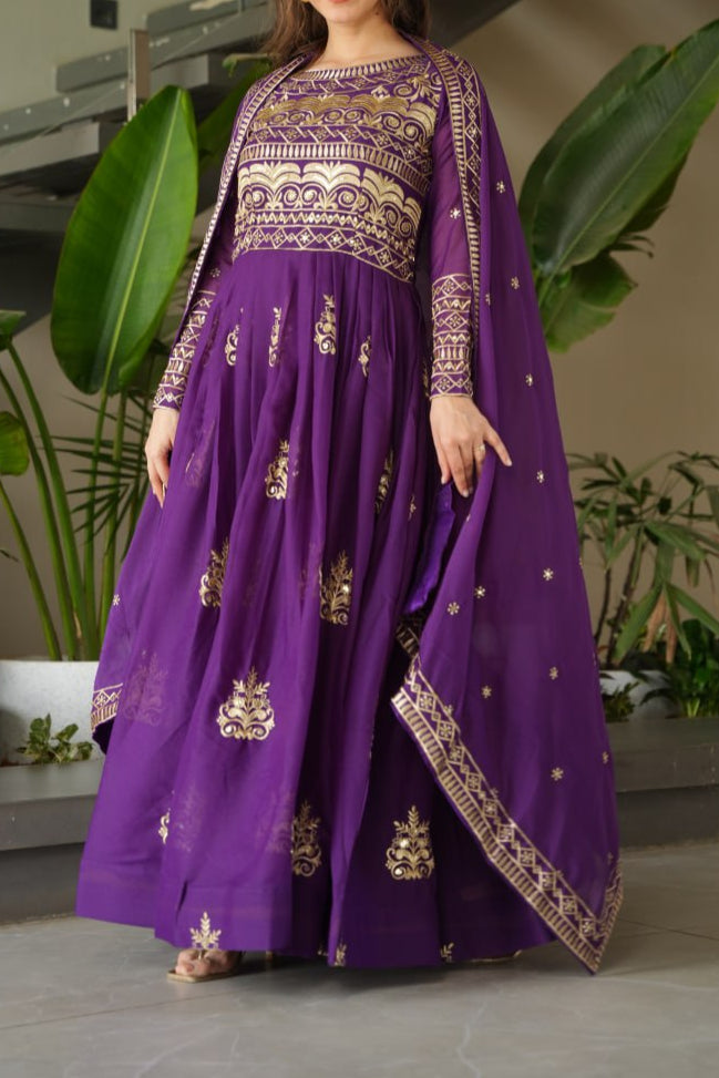 Premium Chinnon Embroidered Work Anarkali With Dupatta