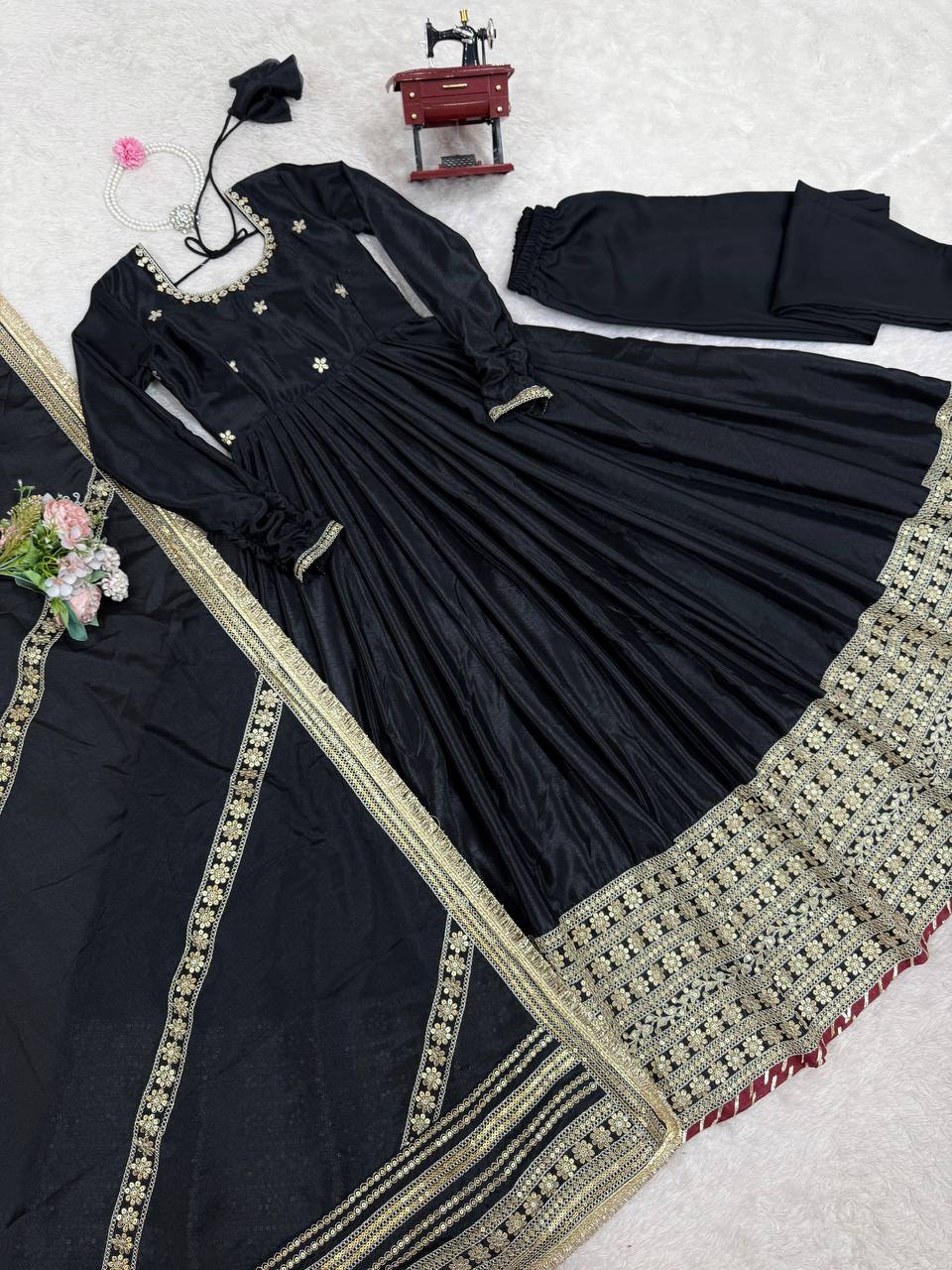 Chinon & Thread With Sequence Lace Border Heavy Anarkali Suit Set