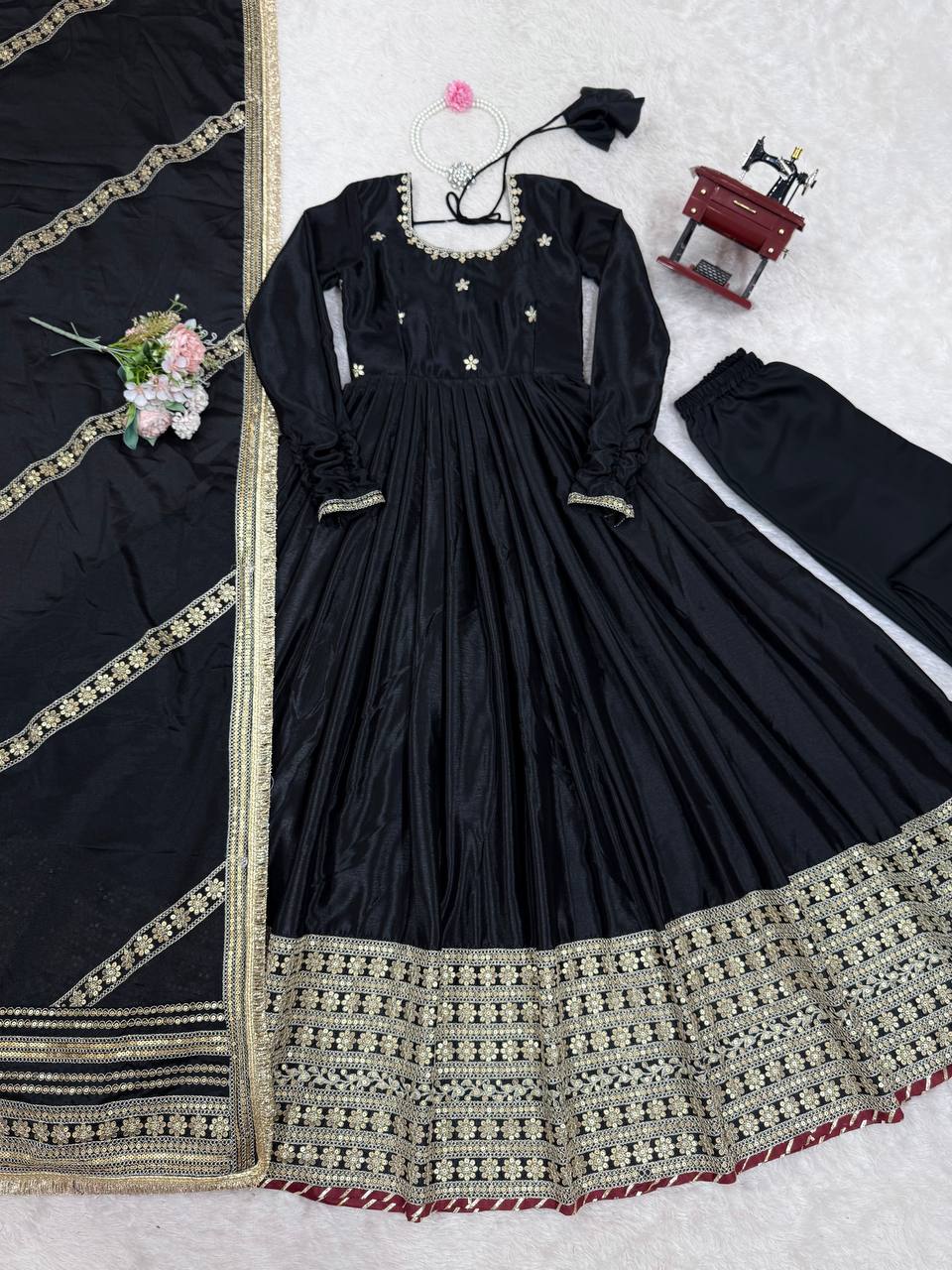Chinon & Thread With Sequence Lace Border Heavy Anarkali Suit Set